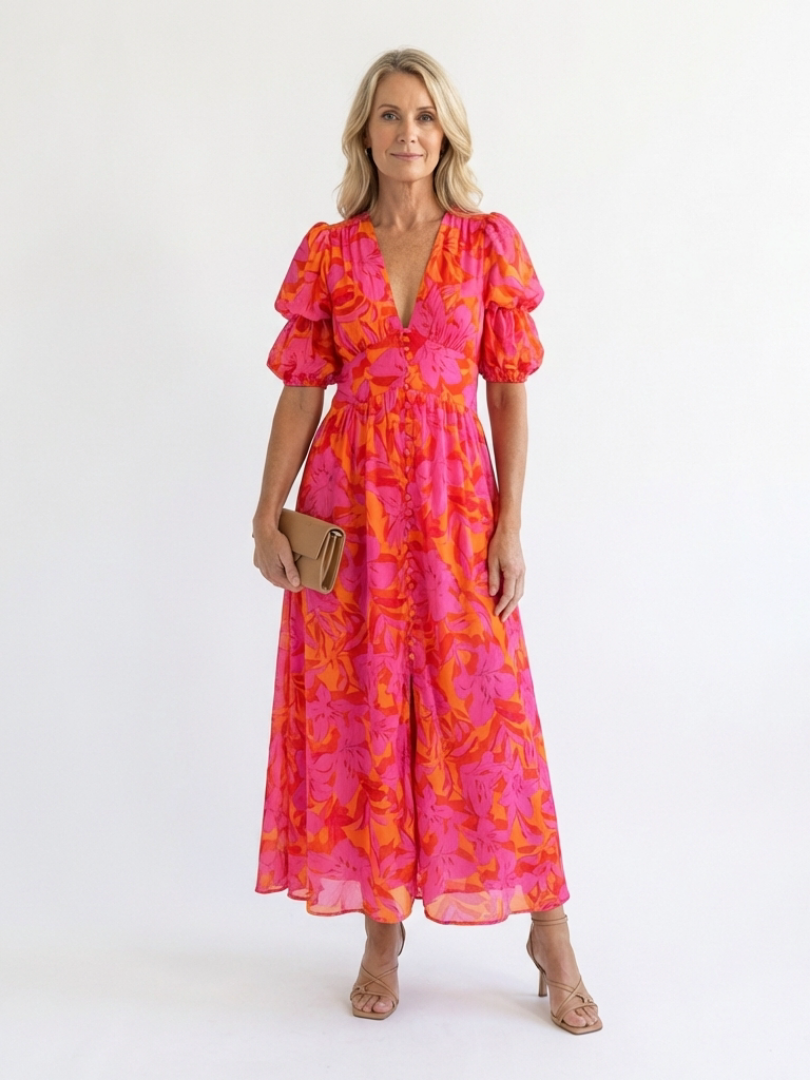 Gabrielle | Floral V Neck Puff Sleeve Midi Dress