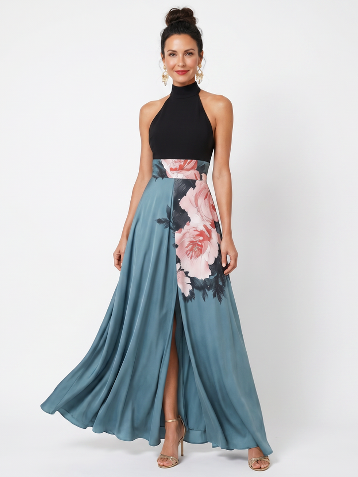 Victoria | Floral-Skirt Halter Maxi Dress
